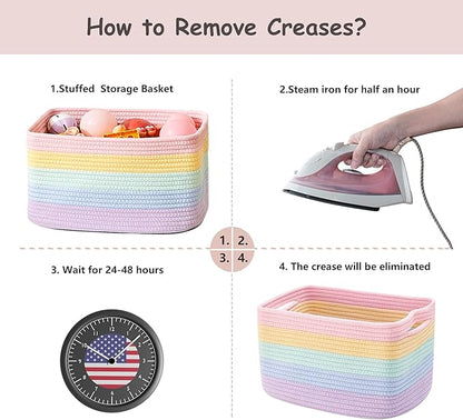 Set of 4 Rainbow Rope Basket for Shelves Woven Rectangle Storage Basket Bins for Nursery Toy Storage for Baby Girl