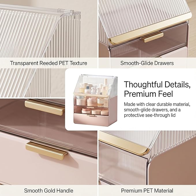 Large Cosmetic Organizer Skincare Holder Bathroom Counter Organizer Fully Transparent Storage Box Dustproof Waterproof Cosmetics Display Case with Drawers for Skincare Lipstick Brushes (Pink)