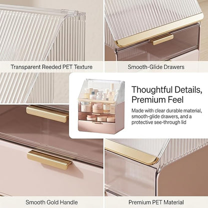 Large Cosmetic Organizer Skincare Holder Bathroom Counter Organizer Fully Transparent Storage Box Dustproof Waterproof Cosmetics Display Case with Drawers for Skincare Lipstick Brushes (Pink)