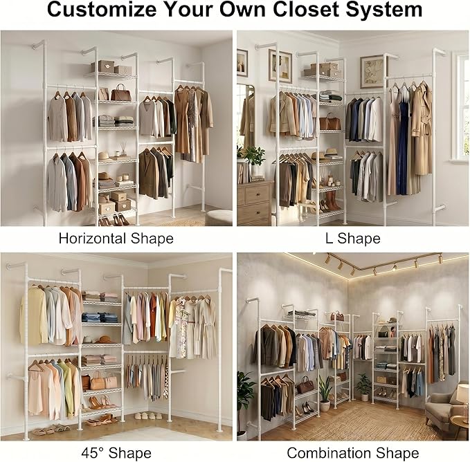 F4 Wall Mounted Closet System, Industrial Pipe Clothing Rack for Hanging Clothes, Heavy Duty Closet Organizer System, Clothes Racks with Shelves & Expandable Rod for Wardrobe, Corner, White