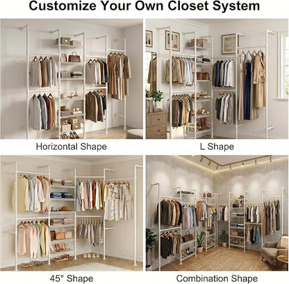 F4 Wall Mounted Closet System, Industrial Pipe Clothing Rack for Hanging Clothes, Heavy Duty Closet Organizer System, Clothes Racks with Shelves & Expandable Rod for Wardrobe, Corner, White