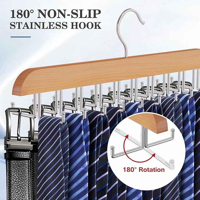 Tie Rack Hanger for Closet 20 Foldable Hooks, 1 Pack Wooden Non Slip Large Capacity Space Saving Tie and Belt Organizer with 360° Rotating Hooks for Tank Tops Bras Scarves Hat