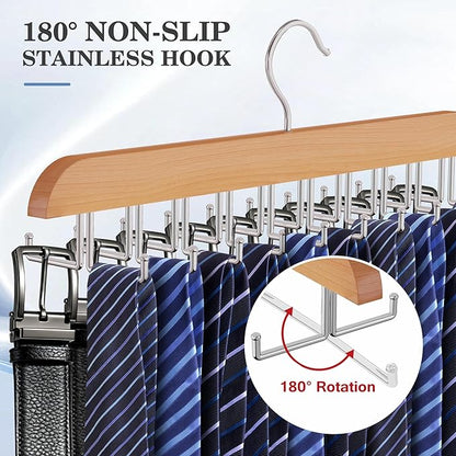 Tie Rack Hanger for Closet 20 Foldable Hooks, 2 Pack Wooden Non Slip Large Capacity Space Saving Tie and Belt Organizer with 360° Rotating Hooks for Tank Tops Bras Scarves Hat