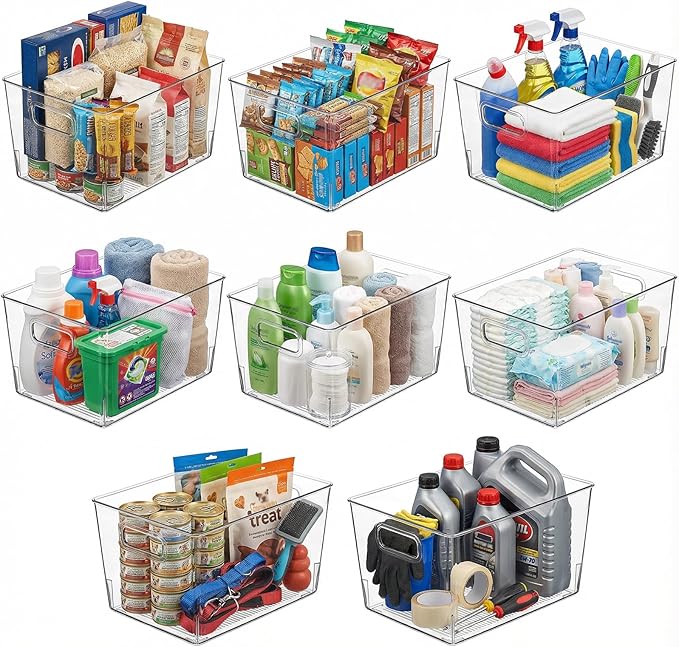MOONEDGE 8 Pack Clear Plastic Storage Bins, 12 x 8 x 6in Stackable Pantry Organizer Cabinet Containers for Under-Sink Storage, Kitchen, Fridge, Bathroom and Home Organization