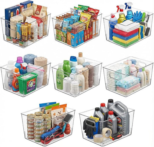 MOONEDGE 8 Pack Clear Plastic Storage Bins, 12 x 8 x 6in Stackable Pantry Organizer Cabinet Containers for Under-Sink Storage, Kitchen, Fridge, Bathroom and Home Organization