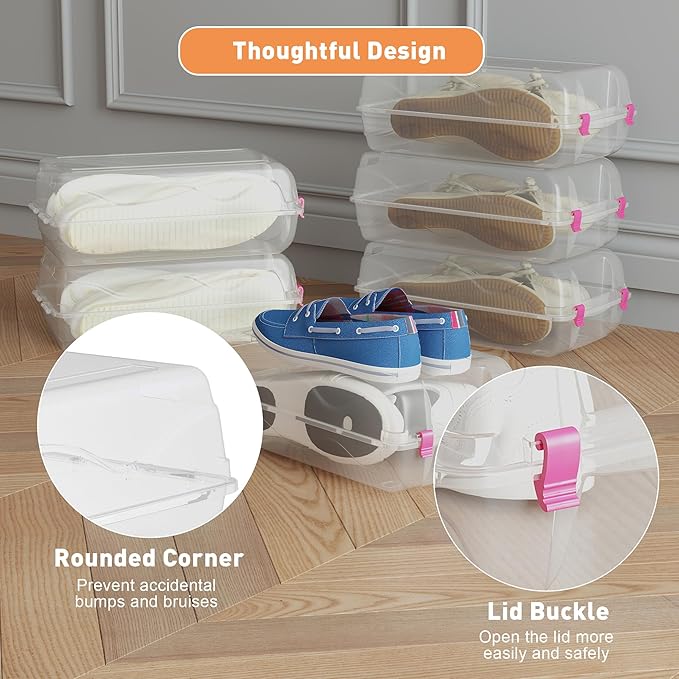 Shoe Organizer for Closet, 4 Pack Plastic Shoe Storage Boxes, Space Saving Stackable Shoe Storage Bins, Sneaker Storage Containers with Clear Lids for Display, Red