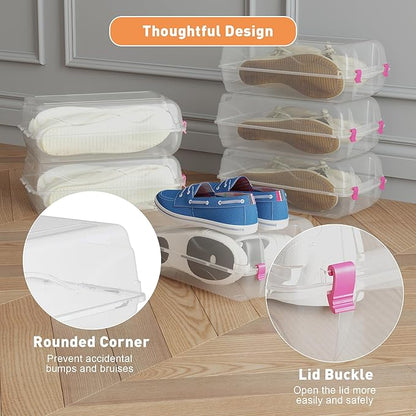 Shoe Organizer for Closet, 4 Pack Plastic Shoe Storage Boxes, Space Saving Stackable Shoe Storage Bins, Sneaker Storage Containers with Clear Lids for Display, Red