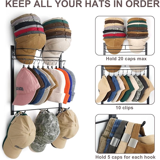 Hat Rack for 45 Baseball Caps with 10 Clips 3 Tier Hat Organizer for Wall Multi-functional Hat Hanger Metal Hat Holder at Closet Bedroom Entryway Gift for Men Boy Teen