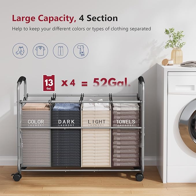 Tajsoon Laundry Sorter 4 Sections, Laundry Separator Hamper with Heavy Duty Lockable Rolling Wheels, Laundry Divider with Removable Bags for Dirty Clothes Storage, 4 Colors