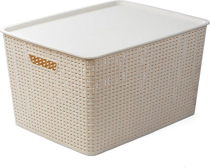 BINO | Plastic Storage Baskets with Lids, 45 Liter - 3 Pack, Natural | THE WOVEN COLLECTION | Storage Basket for Shelves | Woven Storage Baskets for Organizing Bins | Pantry Shelf Organizer Bin