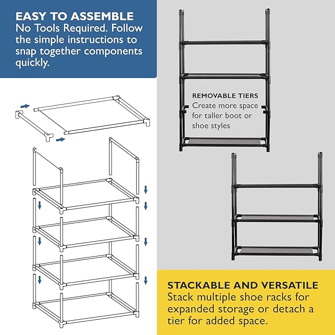 Sundaze Shoe Rack - 4 Tier Shoe Rack for Closet, Sturdy Stackable Shoe Organizer for Closet, Bedroom, Entryway, Garage, Non Woven Fabric Shelf, Black, Holds 8-12 Pairs