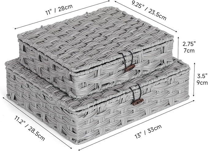 Plastic Wicker Storage Baskets with Lids, 2-Pack Woven Rattan Organizer Bins with Locking Button, Decorative Flat Storage Boxes, 11"x9.25"x2.75" & 13"x11.2"x3.5", Gray