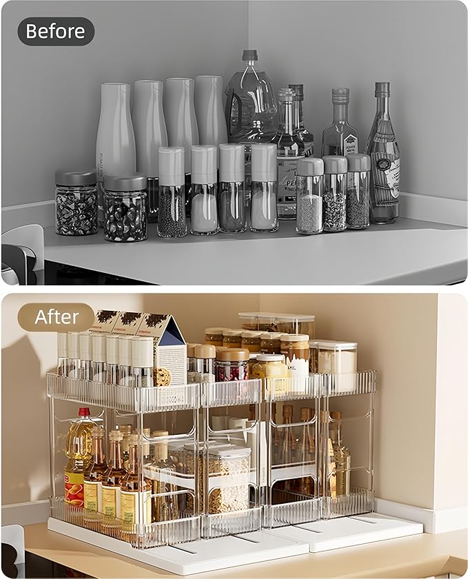 Mustorn Pull Out Spice Rack Organizer for Cabinet, Rotatable 2 Tier Slide Out Seasoning Organizer and Storage Adhesive Vertical Spice Rack Shelf Pullout for Kitchen Cabinets(2 Drawer, Acrylic)