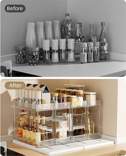 Mustorn Pull Out Spice Rack Organizer for Cabinet, Rotatable 2 Tier Slide Out Seasoning Organizer and Storage Adhesive Vertical Spice Rack Shelf Pullout for Kitchen Cabinets(2 Drawer, Acrylic)