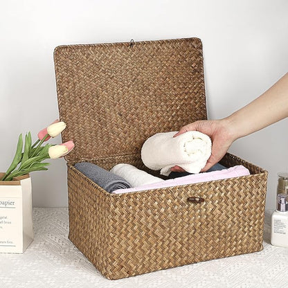 Hipiwe Wicker Shelf Baskets Bin with Lid, Handwoven Seagrass Basket Storage Bins Rectangular Household Basket Boxes for Shelf Wardrobe Home Organizer, Coffee X-Large