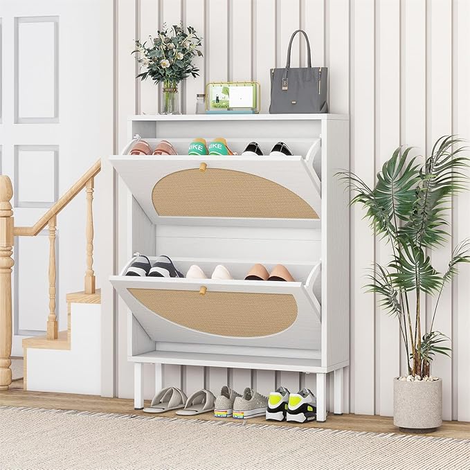 ZeHuoGe Rattan Shoe Cabinet with 2 Flip Drawers, Entrance Hallway Slim Entryway Organizer, White Rack Storage for Heels, Slippers