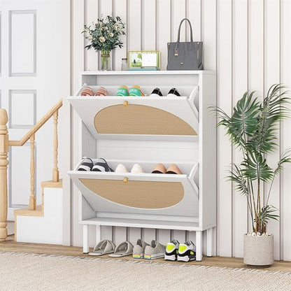 ZeHuoGe Rattan Shoe Cabinet with 2 Flip Drawers, Entrance Hallway Slim Entryway Organizer, White Rack Storage for Heels, Slippers