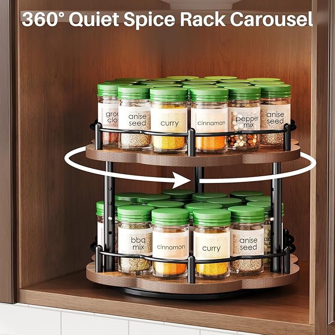 Spice Rack Lazy Susan Organizer for Cabinet, Rotating Spice Organization 2 Tier Adjustable Lazy Susan Turntable Spice Cabinet Organizer for Kitchen Countertop & Pantry, Wood 10 Inch Seasoning Storage