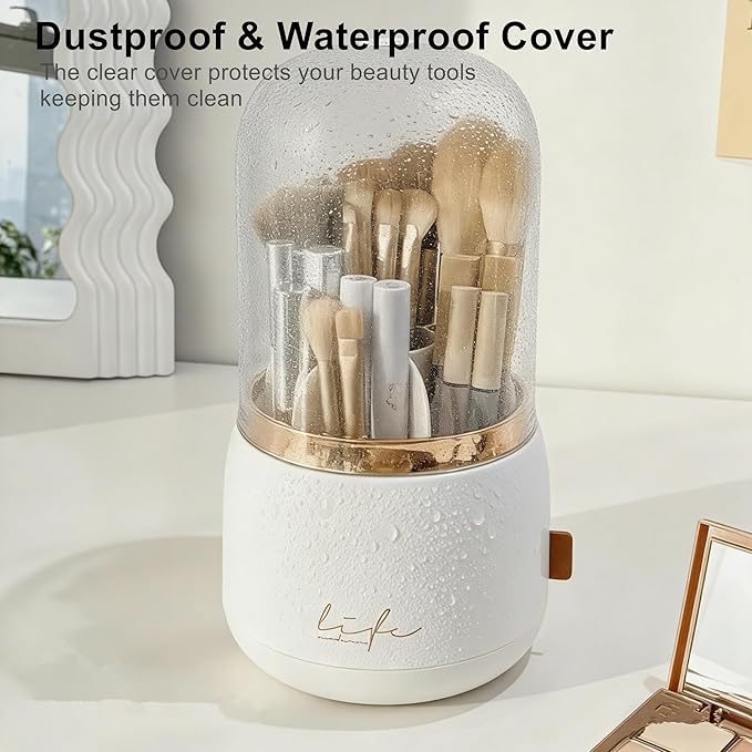 360 Rotating Makeup Brush Holder with Lid Clear Dustproof Make Up Organizers for Vanity Countertop Includes a Foldable Bowl for Cleaning Makeup Brush Transparent Dustproof (White)