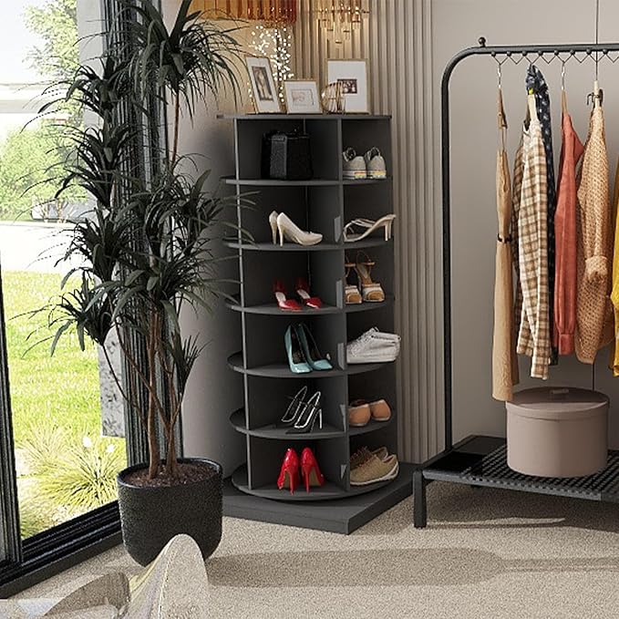 Rotating Shoe Rack Tower, 360-Degree Circular Storage Organizer for Shoes and Handbags, Vertical Space-Saving Cabinet for Entrance Hall, Independent Rotating Shoe Shelf（A-Gray）