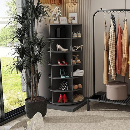 Rotating Shoe Rack Tower, 360-Degree Circular Storage Organizer for Shoes and Handbags, Vertical Space-Saving Cabinet for Entrance Hall, Independent Rotating Shoe Shelf（A-Gray）