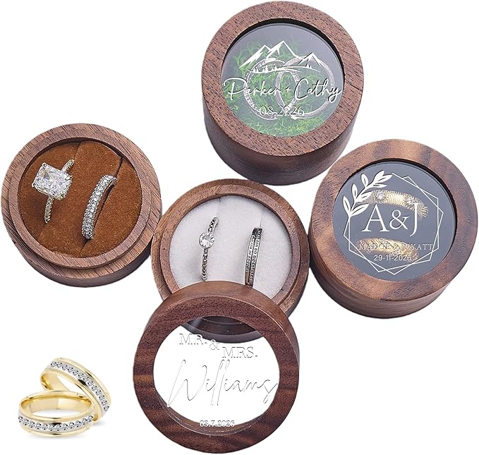 Personalized Ring Box Wedding Day（1-2 slots, Wooden Small Ring Boxes Holder, FREE Custom Name Clear Acrylic Cover, Elegant Round Rings Case for Wedding, Engagement Proposal,Ceremony