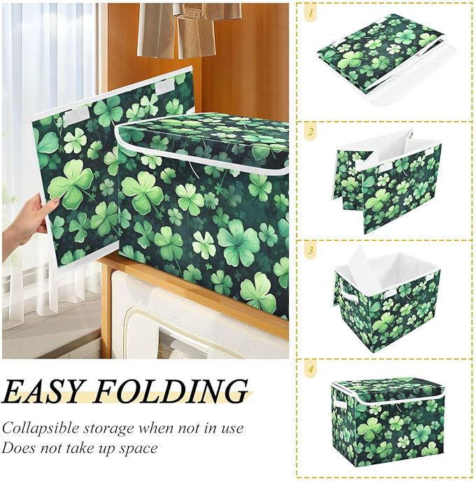 senya St. Patrick's Day Baskets Collapsible Storage Bins with Lids, St Patricks Clover Leaves Storage Boxes Clothes Baskets for Organizing