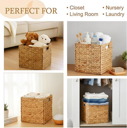 Jinei 12 Pcs Wicker Storage Basket Bulk 12 x 12 x 12 Inch Handwoven Water Hyacinth Cube Bin with Handles Woven Laundry for Organizer Shelves Wood Color