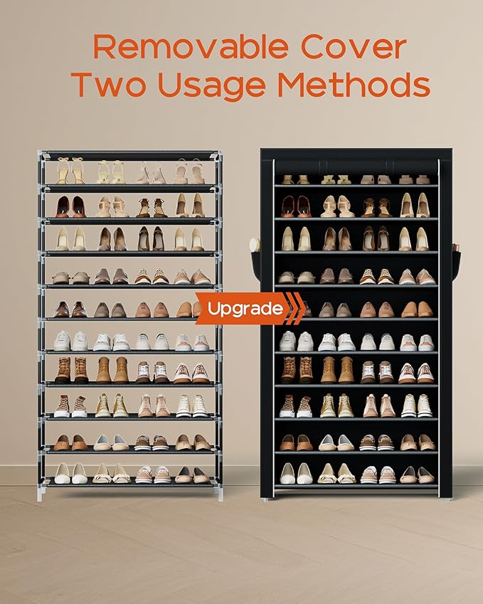 CASAMAYA Shoe Rack with Covers, 10 Tiers Tall Shoe Rack Organizer, Large Capacity Shoe Shelf Storage, Hold 40 Pairs of Shoes, Vertical Shoe Storage Organizer for Closet, Entryway, Black, SRT104B01