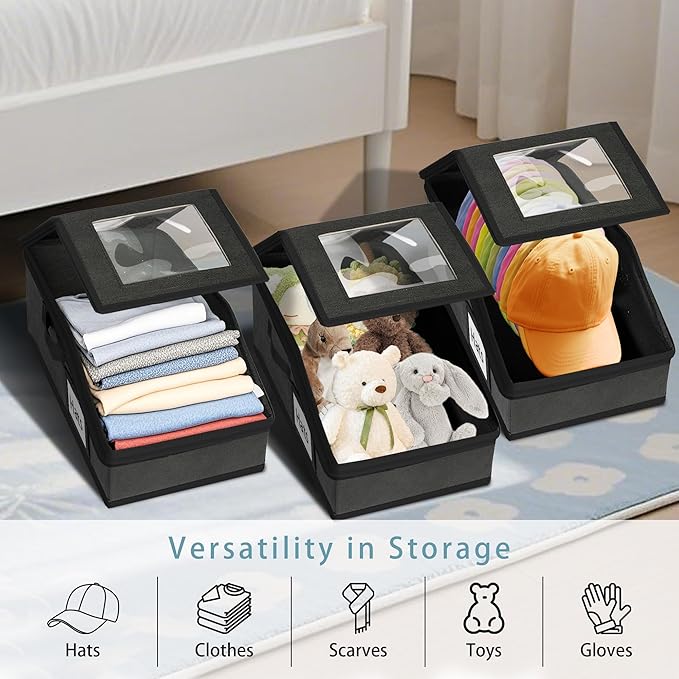 Stackable Hat Storage for Baseball Caps, 3 PCS Hat Storage Boxes for Closet, Holds up to 45 Caps with Cardboard, Hat Organizer for Women & Men(Two Clear Window)（Black）