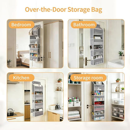 Over the Door Organizer, Door Storage Organizer with Large Capacity Pockets, Hanging Shelves for Bedroom, Closet, Dorm, Pantry (Grey, 4-Tier)