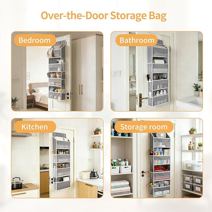 Over the Door Organizer, Door Storage Organizer with Large Capacity Pockets, Hanging Shelves for Bedroom, Closet, Dorm, Pantry (Grey, 5-Tier)