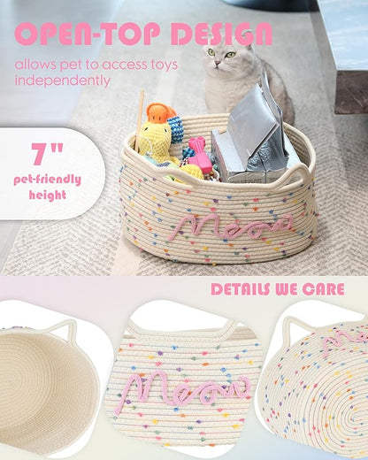 Sea Team Cat Toy Basket with Handles, 16.5 x 11 x 7 Inches, 4.4 Gallons Large Cotton Rope Storage Bin, Box, Shelf Organizer for Pet Chew Toys, Foods, Rainbow Meow