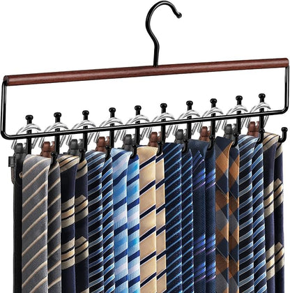 Tie Rack Hanger for Closet Upgraded 2-in-1 Tie and Belt Hanger Non Slip Tie Rack with 20 Hooks Tie Hanger Space Saving Wooden Belt Tie Organizer for Tank Tops Bras Cami Scarves, Walnut Color