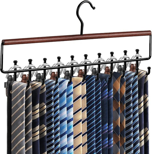 Tie Rack Hanger for Closet Upgraded 2-in-1 Tie and Belt Hanger Non Slip Tie Rack with 20 Hooks Tie Hanger Space Saving Wooden Belt Tie Organizer for Tank Tops Bras Cami Scarves, Walnut Color
