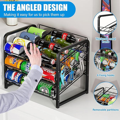 6-Tier Stackable Soda Can Rack Organizer for Pantry, Adjustable Can Dispenser Holds Up to 60 Cans, with 12 Hooks, Can Storage Holder for Various Ounces of Canned Food Soda Drinks, Black, 2 Pack