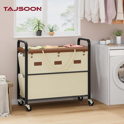 Tajsoon 148L Large Laundry Sorter 3 Section, Laundry Hamper with Heavy Duty Lockable Wheels, Rolling Laundry Cart with Sturdy Metal Frame, Leather Patchwork Laundry Basket with Removable Bag, Beige