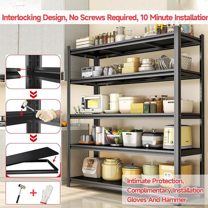 35.5" W Utility Kitchen Shelves, 5 Tier Shelf Organizer, 2000LBS Heavy Duty Storage Shelves, Adjustable Metal Shelving Unit for Pantry, Industrial, Basement, Bathroom and Closet, Black