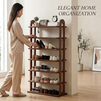 Vertical Shoe Rack - 7 Tier Tall Narrow Shoe Rack Organizer for Small Spaces, Skinny Shoe Shelf Space Saving Shoe Storage, Solid Wood Shoe Shelf for Entryway, Closet, Corner, Doorway, Walnut