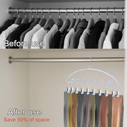 Legging Organizer for Closet,Metal Wave Design Pants Hanger with 10 Clips 7 Hooks, Closet Storage for Pants, Skirts, Hats (Blue, 1Pack)