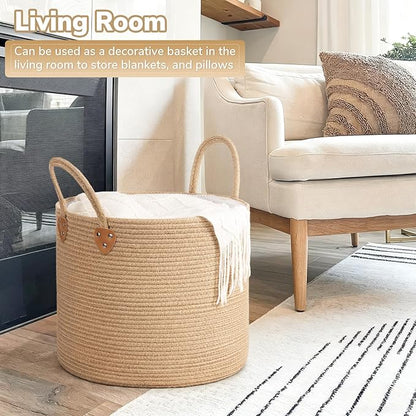 CHICVITA 50L Blanket Basket Living Room, Wicker Laundry Baskets for Home Decor, Baby Toy Basket with Handles, Large Nursery Hamper for Blankets Towels Clothes, 16" X 16" X 14", Jute Brown