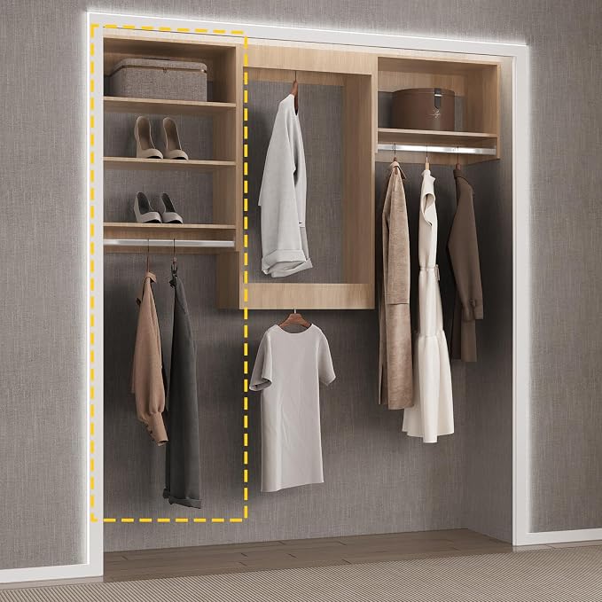 Medium Double Hanging Closet Unit, Modular System Organizer With Storage for Walk In Closets, Clothing Rack for Hanging Clothes, Bedroom, Wood, 25.5"W