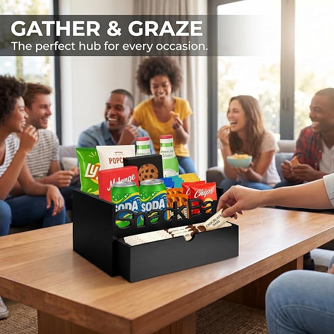 Snack Bar Organizer – Black 3 Compartment Station with Drawer, Countertop Pantry Organizer for Kitchen, Office Food Holder, Candy Storage Bin, Display Stand, Cabinet Tray & Shelf