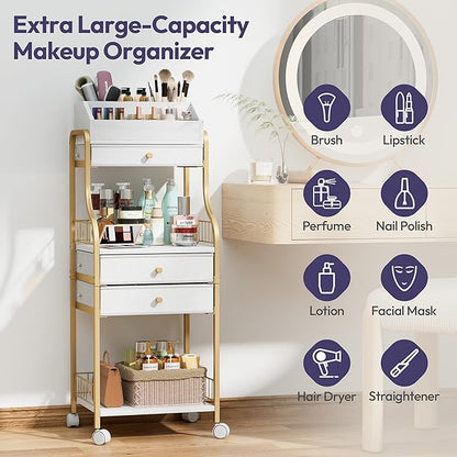 SWTYMIKI Rolling Makeup Organizer Cart - Floor Skincare Storage with Non-woven Drawers, Vanity Organizer Cosmetic Display Cases with Wheels, Cabinet for Skin Care Perfume Nail Polish Brush Hair Tool