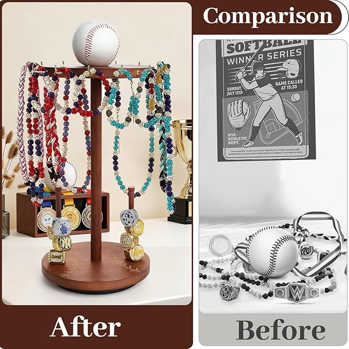Baseball Necklace Holder,Baseball and Softball Jewelry Organizer,Wooden Ring Holder Display with Baseball Drip,360° Rotating Championship Ring Display.Baseball & Softball Gift for Players Fans.