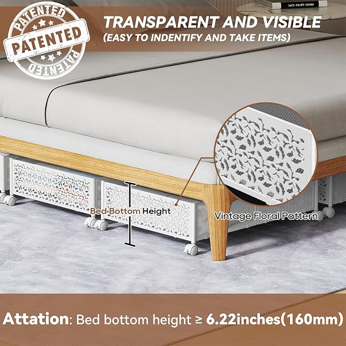PHINOX Under Bed Storage, Under the Bed Storage Containers with Wheels, Under Bed Shoe Storage Organizer Drawer for Bedroom Clothes Shoes Blankets -4Pack