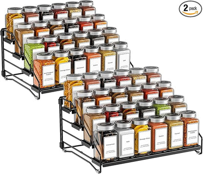 BOIVSHI 4 Tier Spice Rack Organzier, Spice Rack for Cabinet, Adjustable Depth Seasoning Shelf for Countertop, Pantry, Seasoning Organizer, Metal, Black (2 Pack)