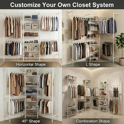 F3 Wall Mounted Closet System, Industrial Pipe Clothing Rack for Hanging Clothes, Heavy Duty Closet Organizer System, Clothes Racks with Shelves & Expandable Rod for Wardrobe, Corner, White