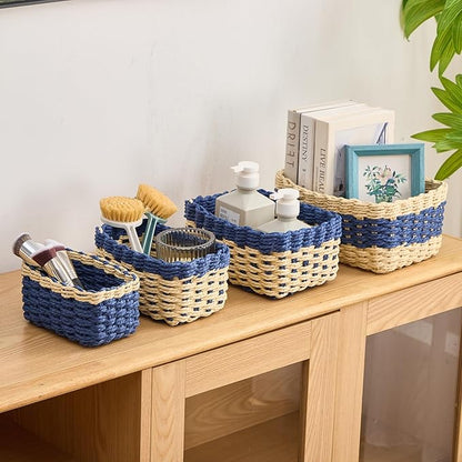 4PCS Woven Storage Baskets Set, Small Baskets for Organizing, Square Handwoven Paper Rope Organizer Bins for Shelves and Home Storage (Natural & Navy)