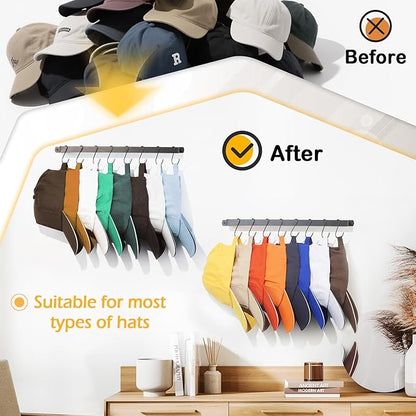 Hat Organizer Closet Organization Wall: 17 Inch Hat Holder with 12 Adjustable Stainless Steel Clips - Baseball Caps Organizer Fits All Caps - Tie Belt Hanger for Closet Storage Solution - 1 Pack